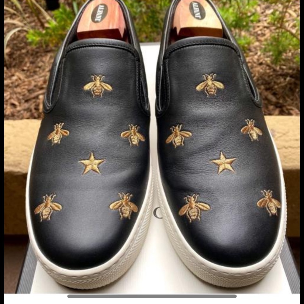 Gucci Black and Gold Loafers with Bee Motifs